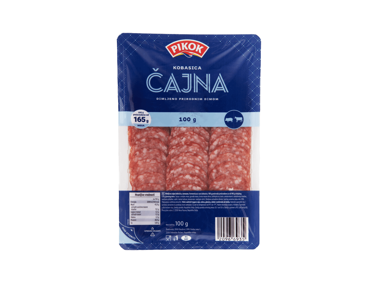 Pakovanje čajne kobasice, dimljene prirodnim dimom, sa informacijama o hranljivim vrednostima i sastavu.