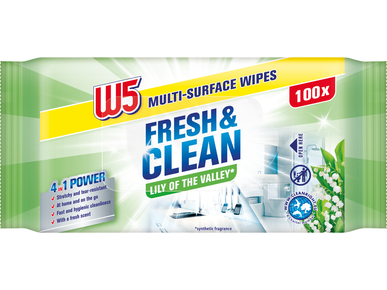 W5 Fresh & Clean Multi-Surface Wipes med doft av liljekonvalj, 100 stycken.