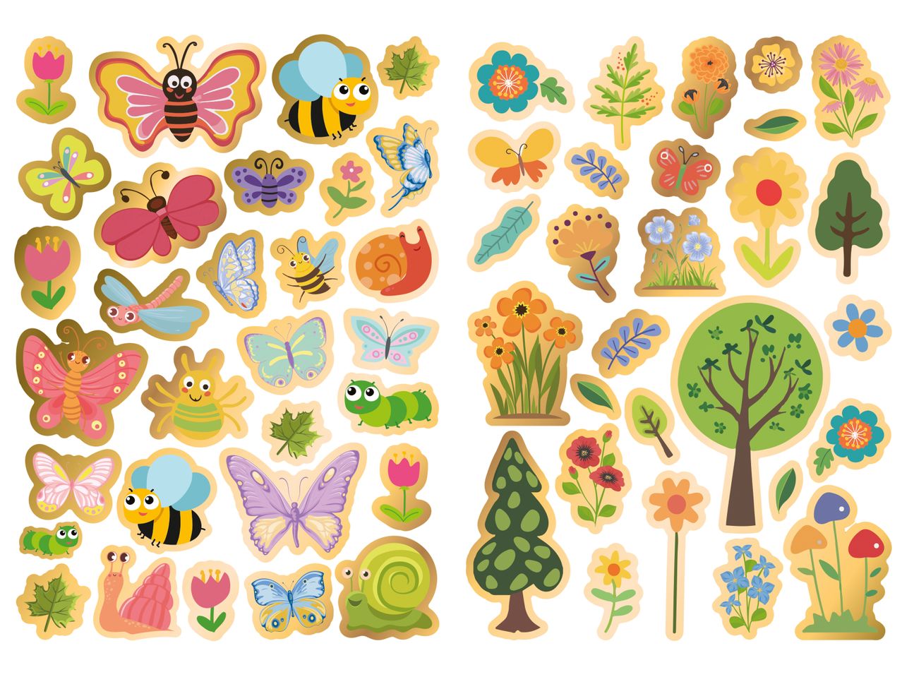 Adesivi di insetti, farfalle, fiori e alberi in stile cartone animato.