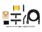 Vacuum cleaner accessories including hose, filters, and various nozzles.