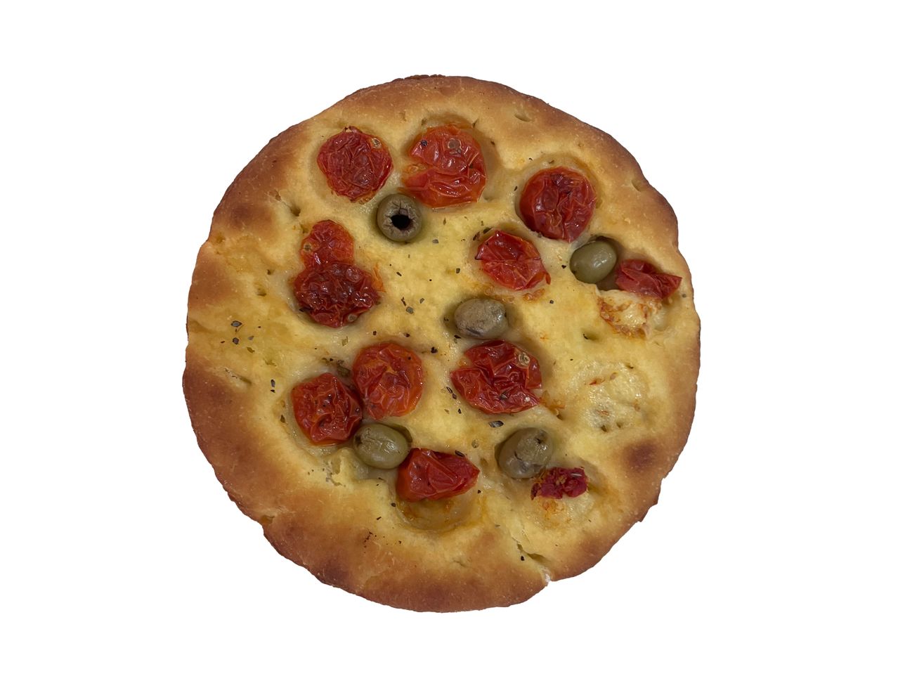 Round Focaccia with tomatoes and olives on a white background.
