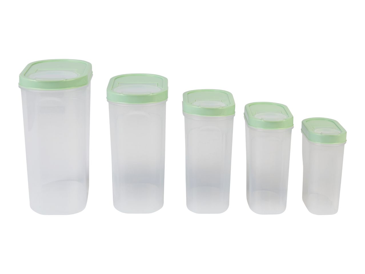 Set of five clear plastic food storage containers with light green lids.