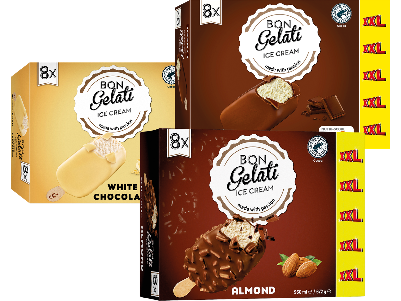 Bon Gelati glassortiment med choklad, vit choklad och mandel.