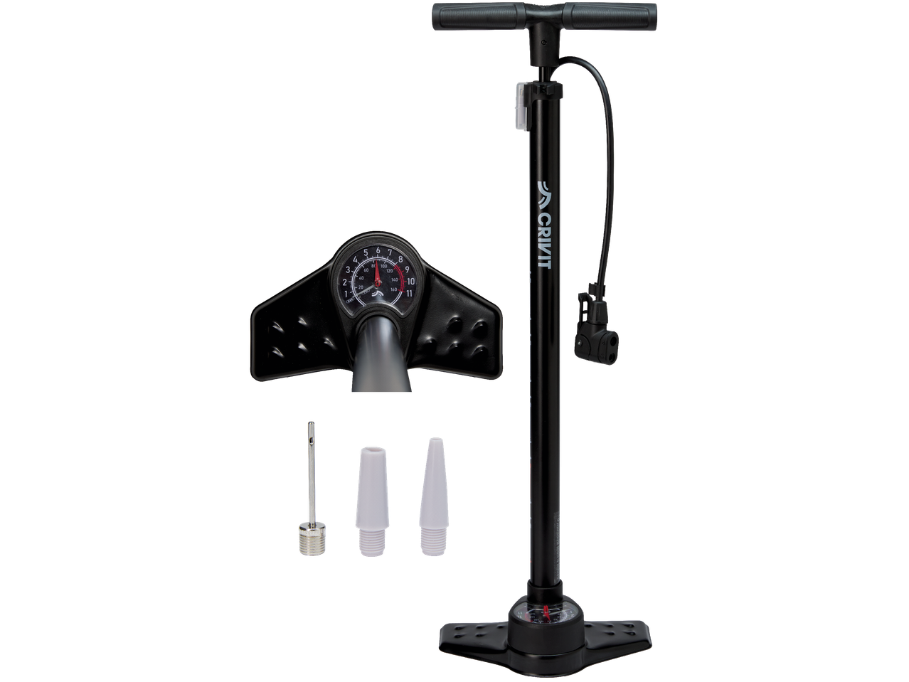 En svart Crivit cykelpump med manometer och olika munstycken.