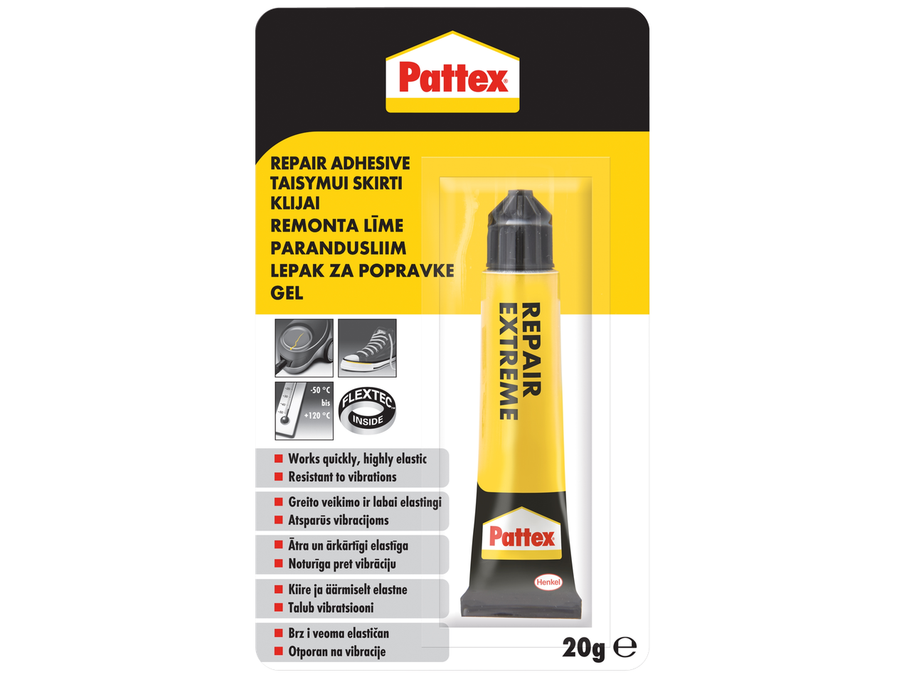 Pattex Repair Extreme lepak, 20g, brzodelujući i otporan na vibracije.
