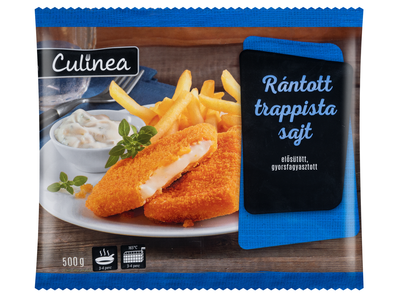 Culinea márkájú rántott trappista sajt, sült krumplival és mártással.