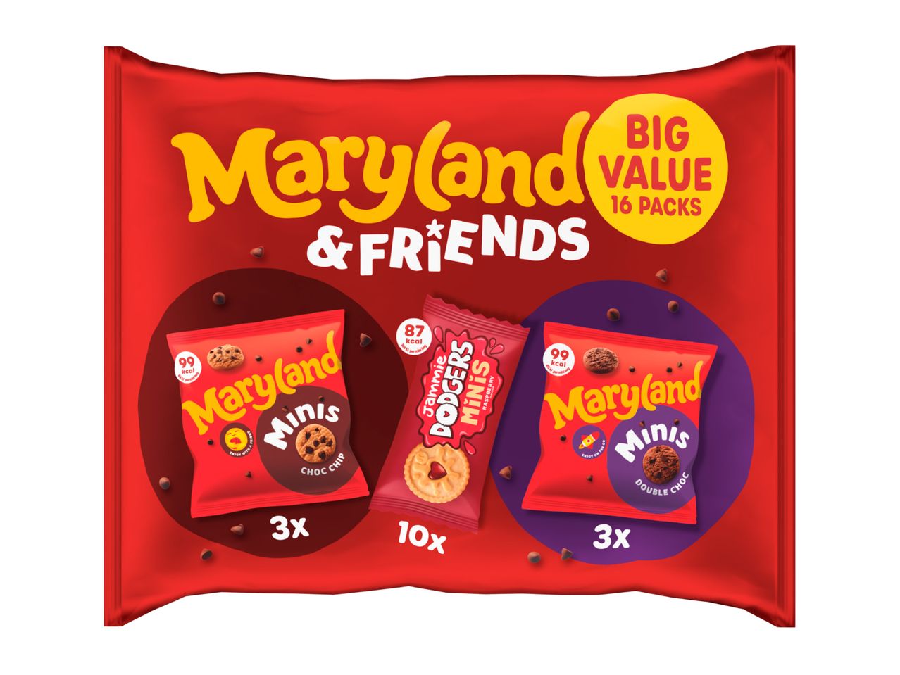 Red snack bag with mini chocolate chip cookies and raspberry jam biscuits, 16 packs total.