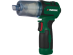 Parkside 12V Cordless Mini Blower and Duster, green and black with a clear dust collector.