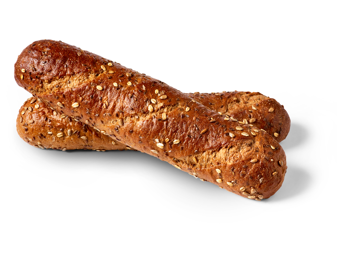 Twee volkoren broodjes met diverse zaden.