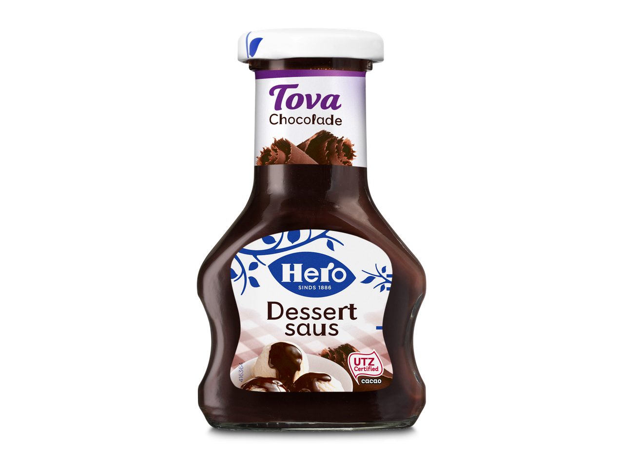 Fles chocoladedessertsaus met een label met chocoladekrullen en vanille-ijs met saus.