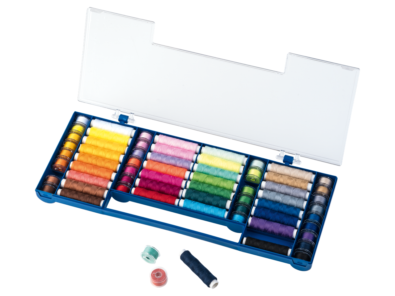Conjunto de costura crelando® com sortido de linhas coloridas numa caixa azul aberta.