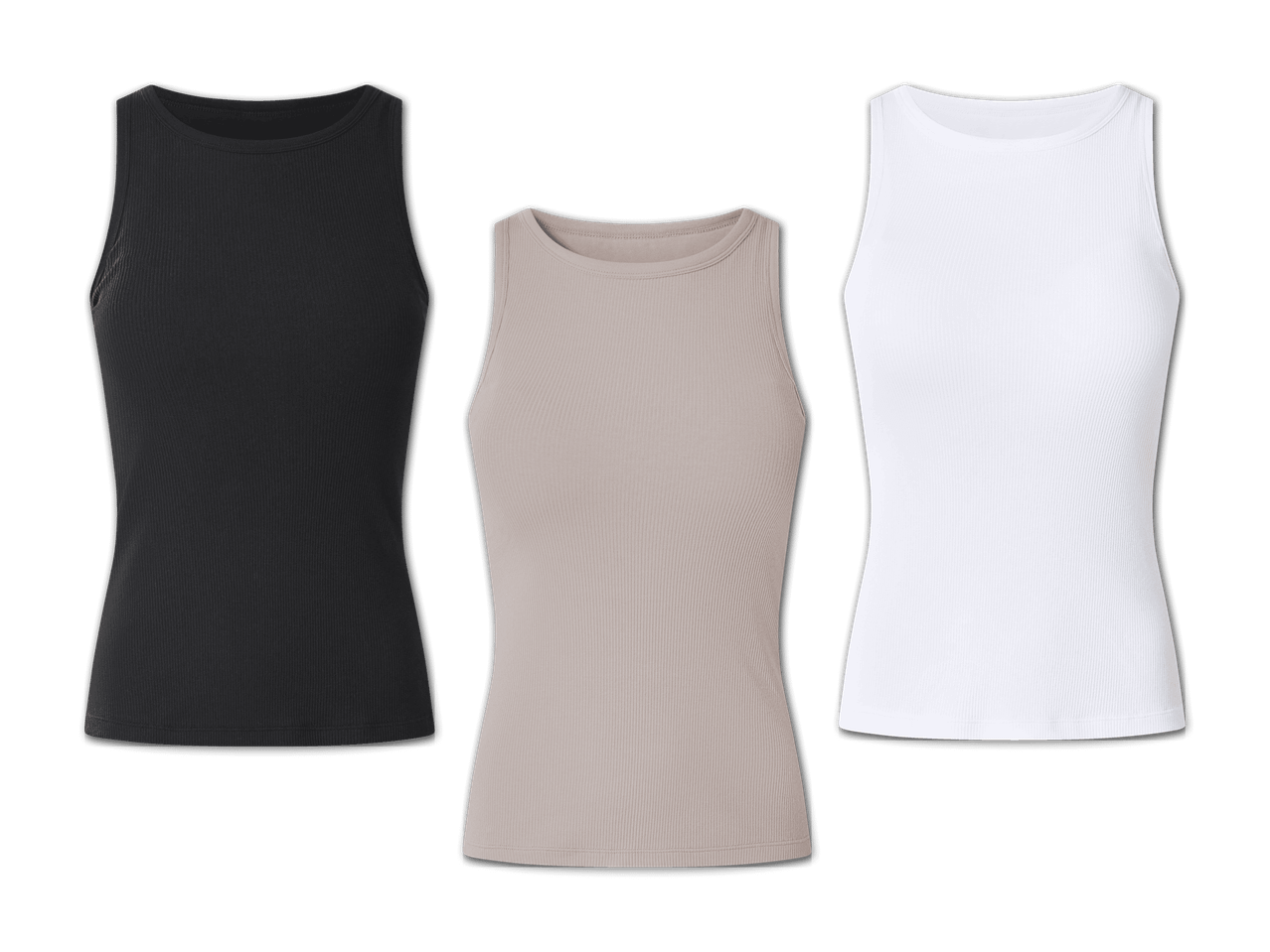 Drei gerippte Tanktops in Schwarz, Beige und Weiß.