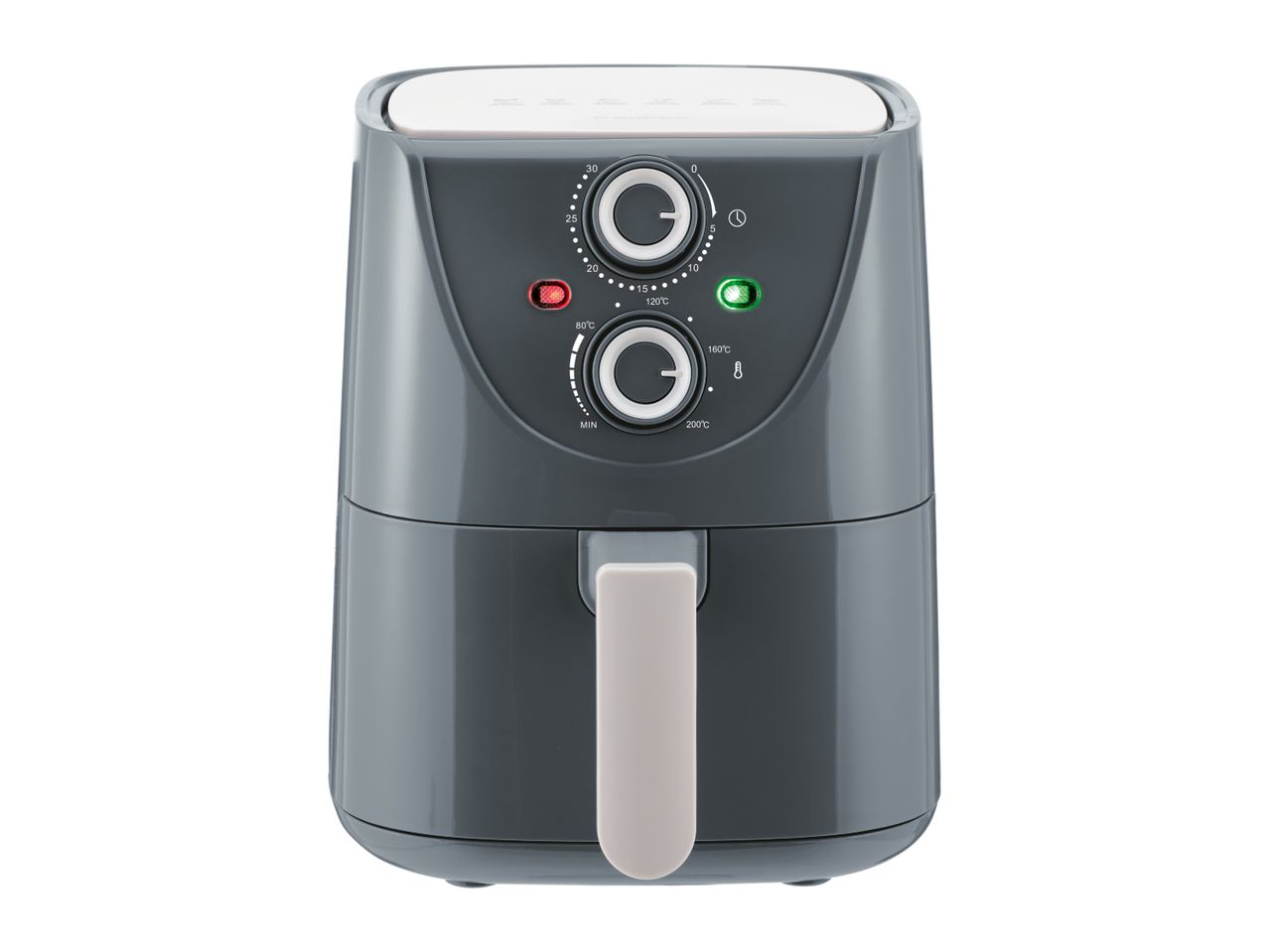 A dark gray air fryer with two control dials and indicator lights.