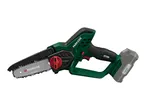 A green and black cordless mini chainsaw with a gray battery pack.