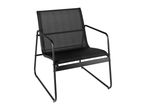 Black outdoor lounge chair with a mesh seat and backrest, and a metal frame.