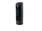 Black tower fan with visible controls and blue air flow on a black background.