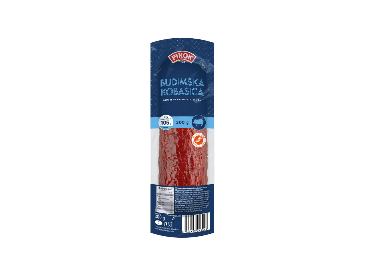 Pakovanje Pikok Budimske kobasice, dimljene, 300g, sa informacijama o ishrani i sastojcima.