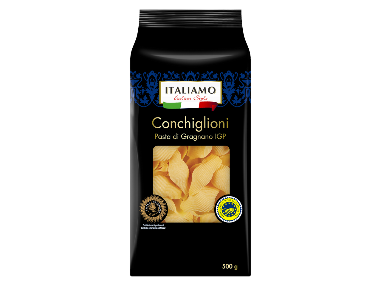 Verpakking Italiamo Gragnano IGP conchiglioni pasta.