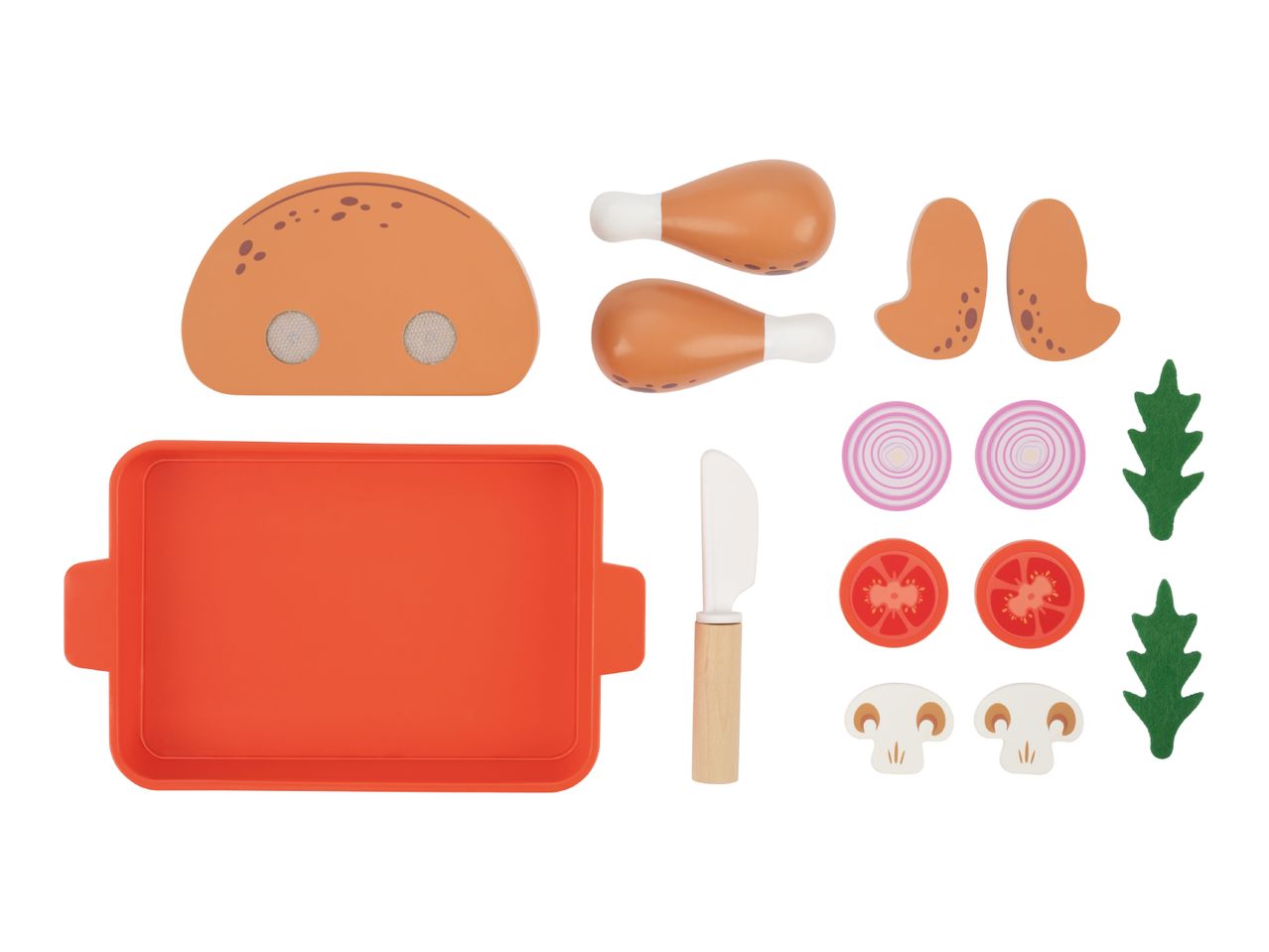 Play food set with chicken, vegetables, and a baking tray.
