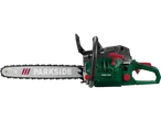 A green and black Parkside chainsaw with a silver blade on a black background.