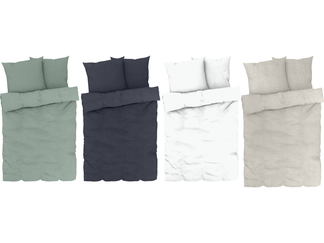 Fyra bäddset i olika färger: grönt, mörkblått, vitt och beige.