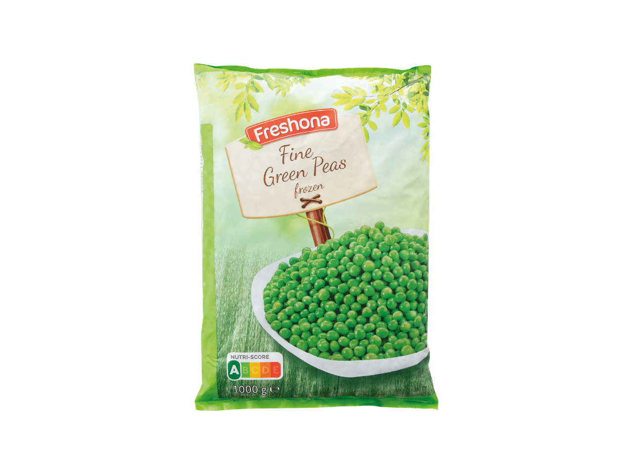 Vrećica smrznutog graška s natpisom 'Fine Green Peas frozen' i Nutri-Score A oznakom.