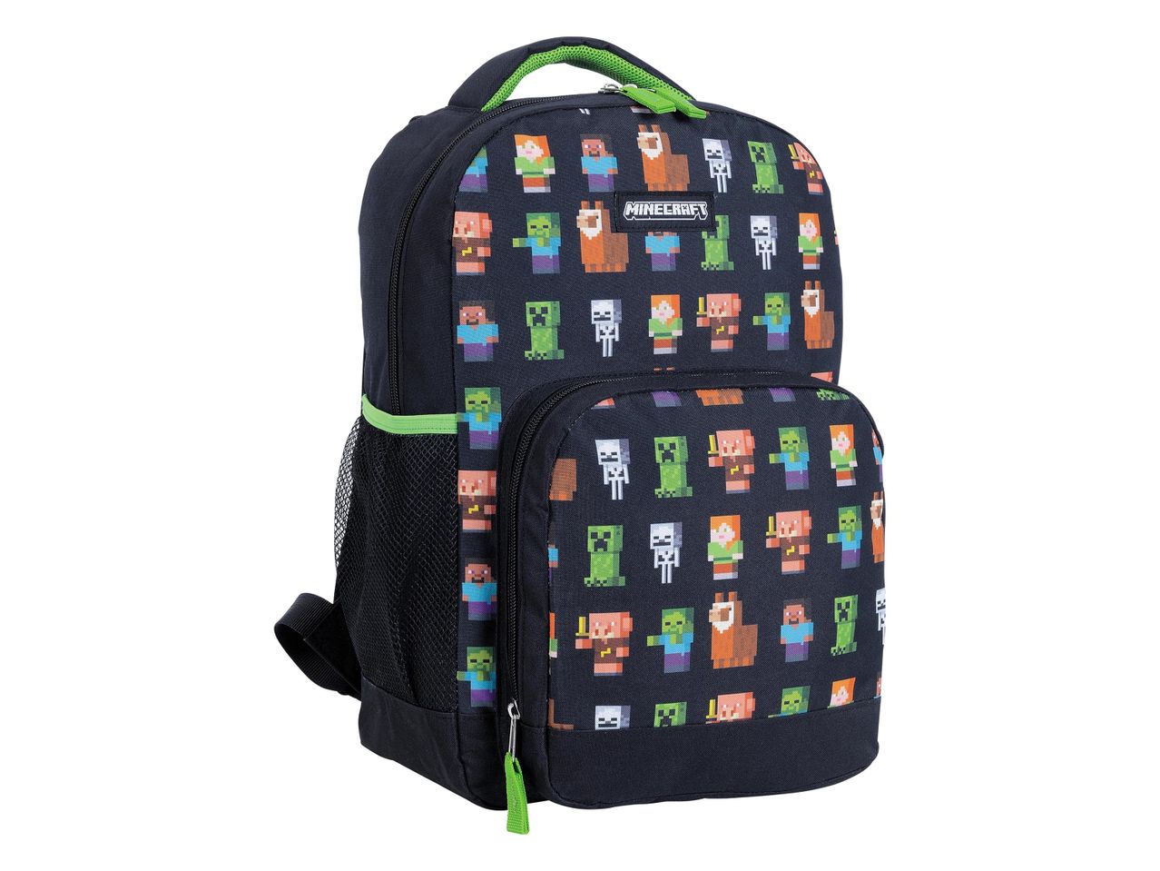 Minecraft hátizsák, fekete alapon színes pixel karakterekkel.