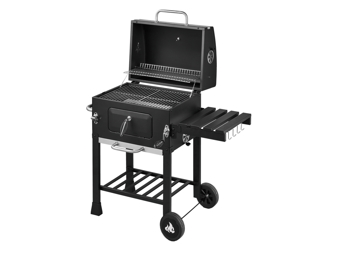 Grillmeister Charcoal Barbecue with an open lid, side shelf, and wheels.