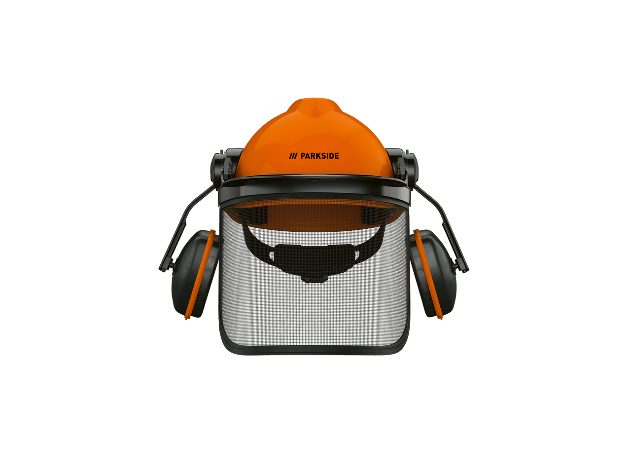 Parkside aizsargķivere ar ausu aizsargiem un tīkla vizieri.