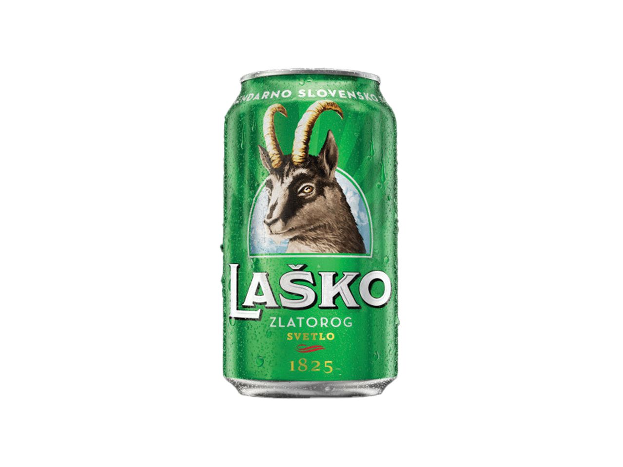Laško Zlatorog Svetlo pivo u zelenoj limenci sa kozorogom i kapljicama vode.