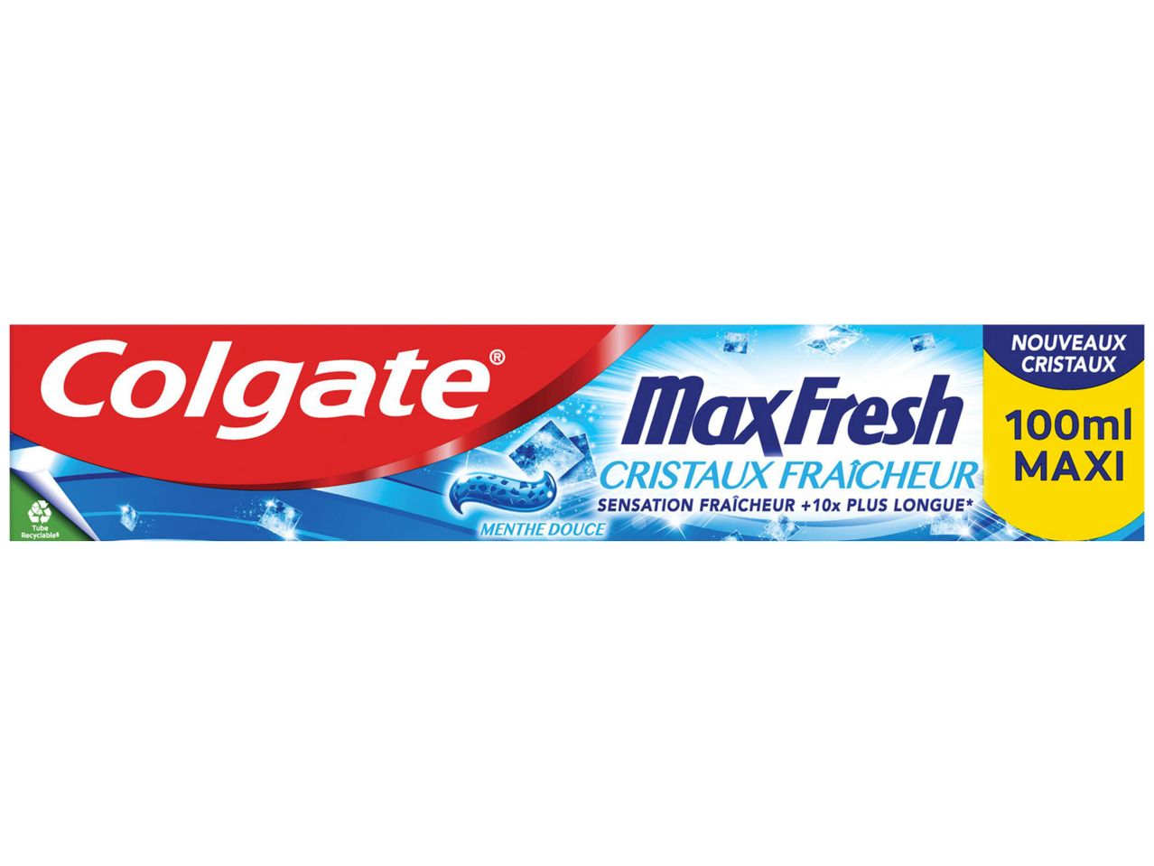 Tube de dentifrice Colgate MaxFresh avec des cristaux de fraîcheur et une saveur de menthe douce.