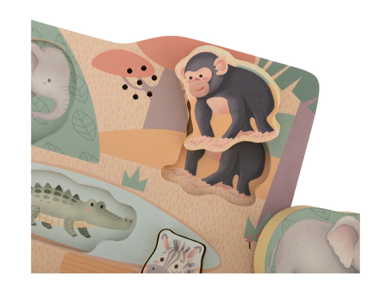 Wooden puzzle with safari animals: monkey, elephant, crocodile, and zebra.
