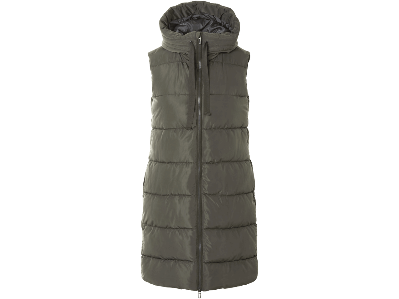 Ilga, dygsniuota, tamsiai žalios spalvos moteriška liemenė su gobtuvu