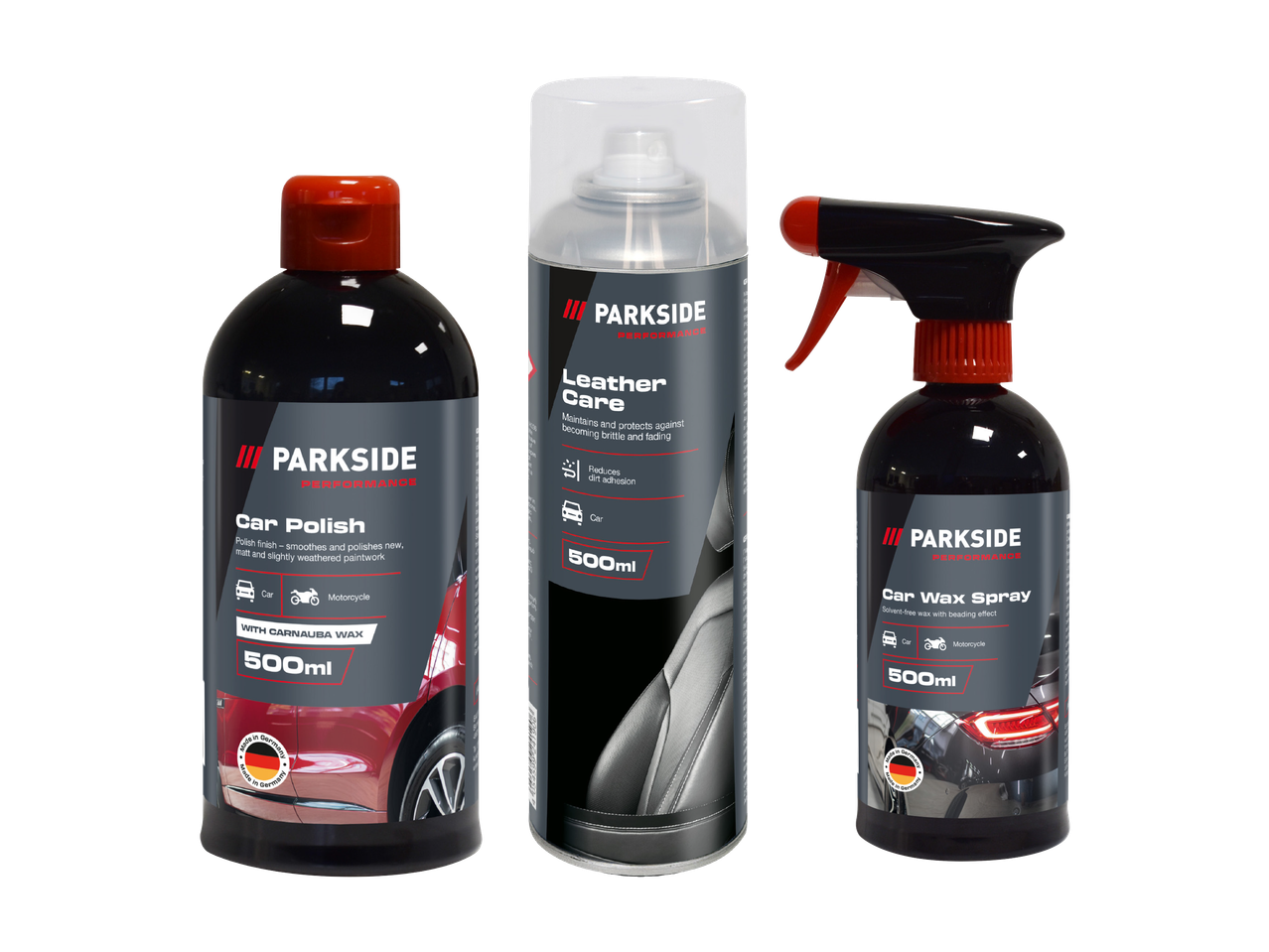 Tri steklenice za nego avtomobila: loščilo, nega usnja in vosek v spreju.