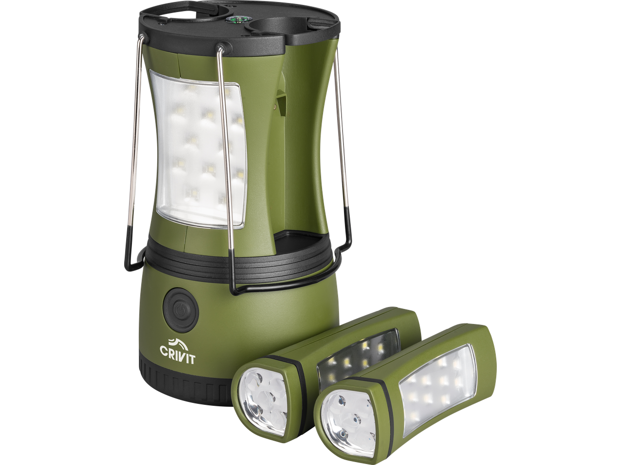 CRIVIT 2-in-1 Camping Light: green lantern with two detachable flashlights.