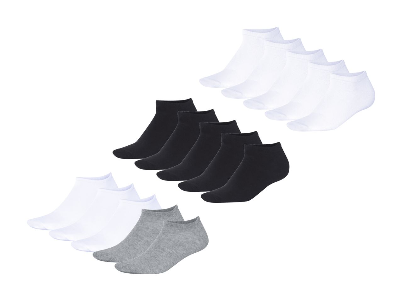 12 Paar unsichtbare Socken: 4 weiße, 4 schwarze, 4 graue.