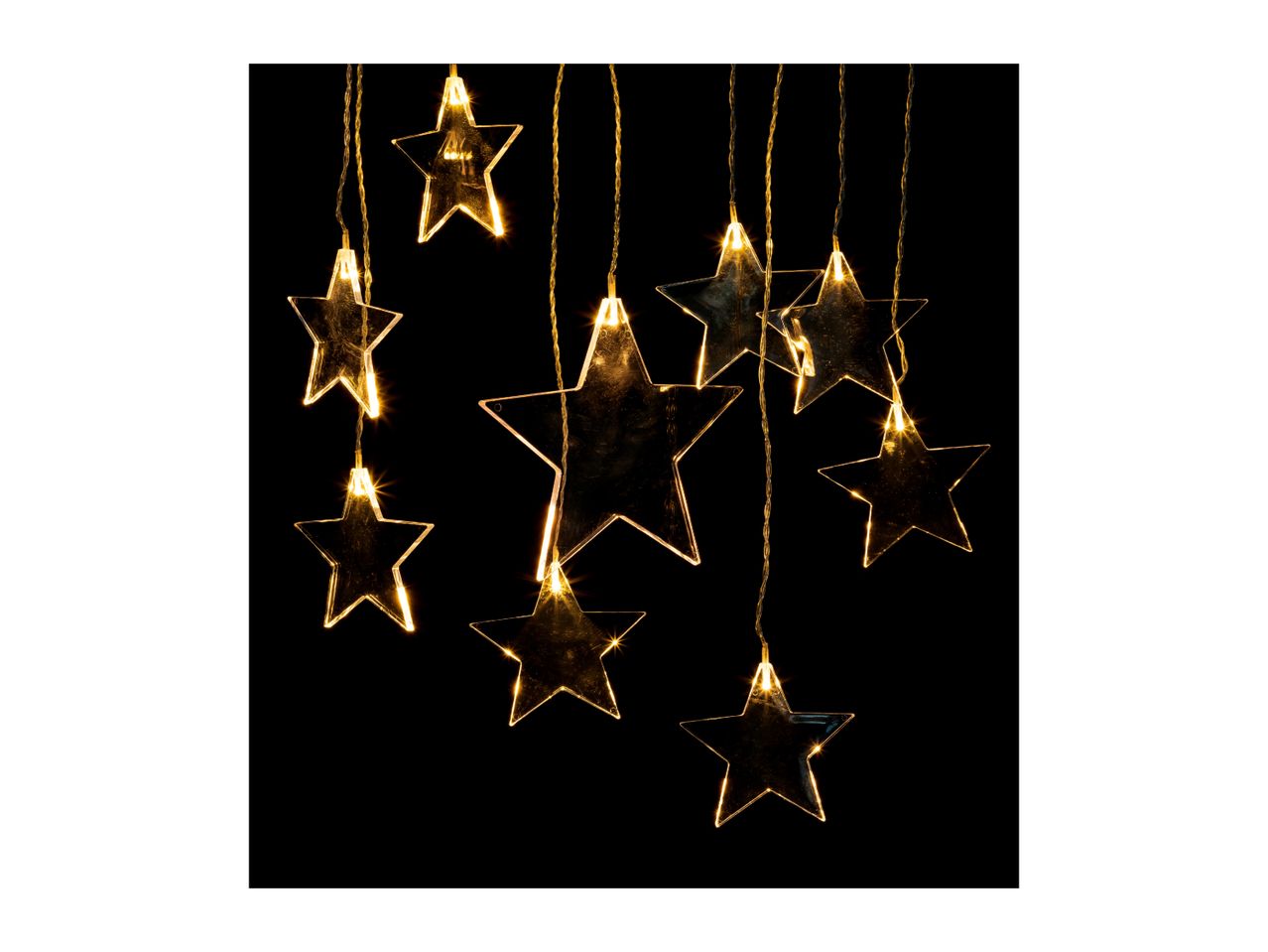 Warm white LED star string lights on a black background