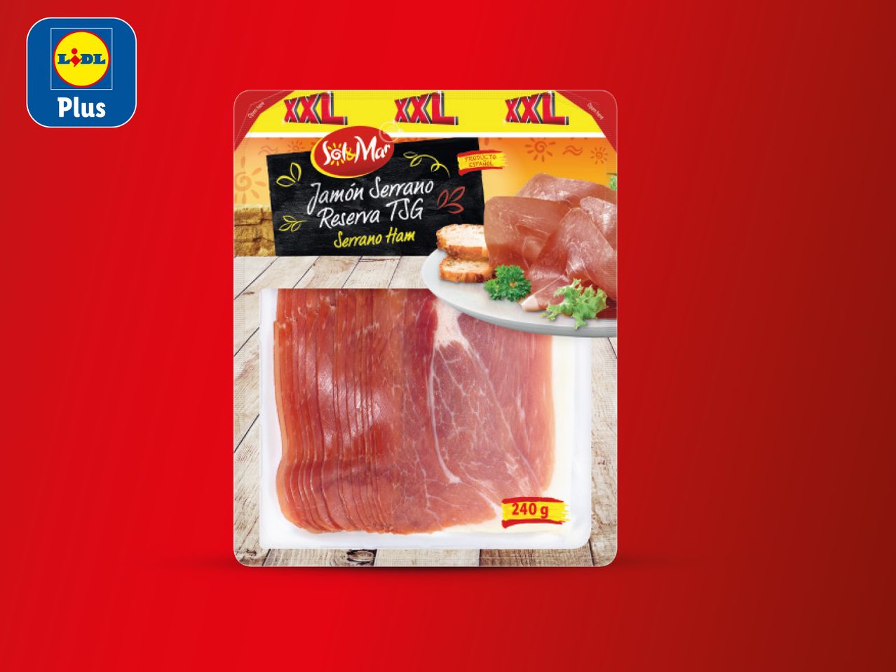 Pakiranje narezanog serrano pršuta marke Sol&Mar, s oznakom Lidl Plus.