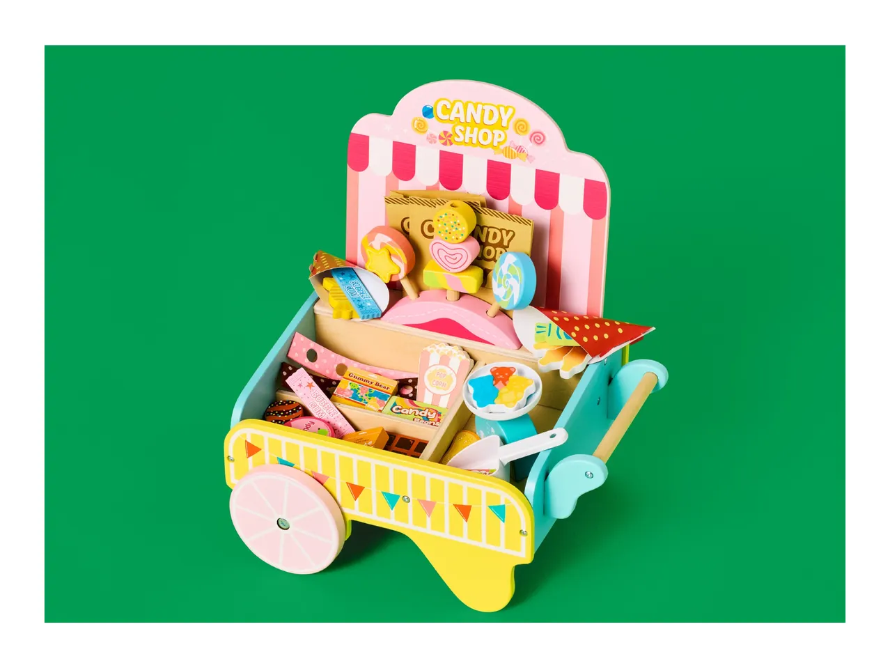 Colorful wooden toy candy shop cart with various play sweets and snacks.
