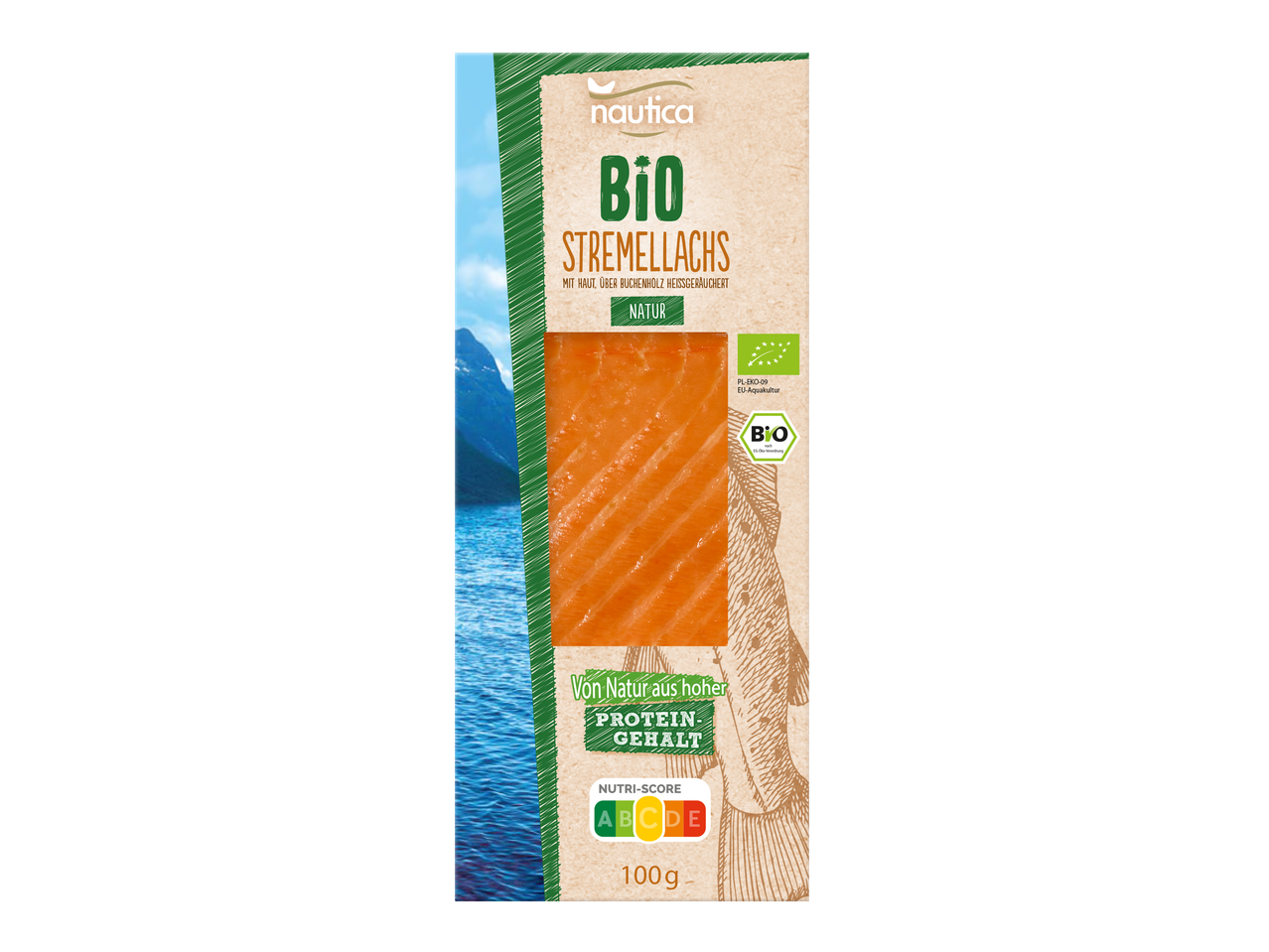 Nautica Bio Stremelllachs: Bio-Räucherlachs mit hohem Proteingehalt.