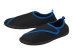 Pair of black water shoes with blue trim and pull tabs.
