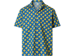 Blue short-sleeved button-up shirt with a yellow and red geometric pattern.