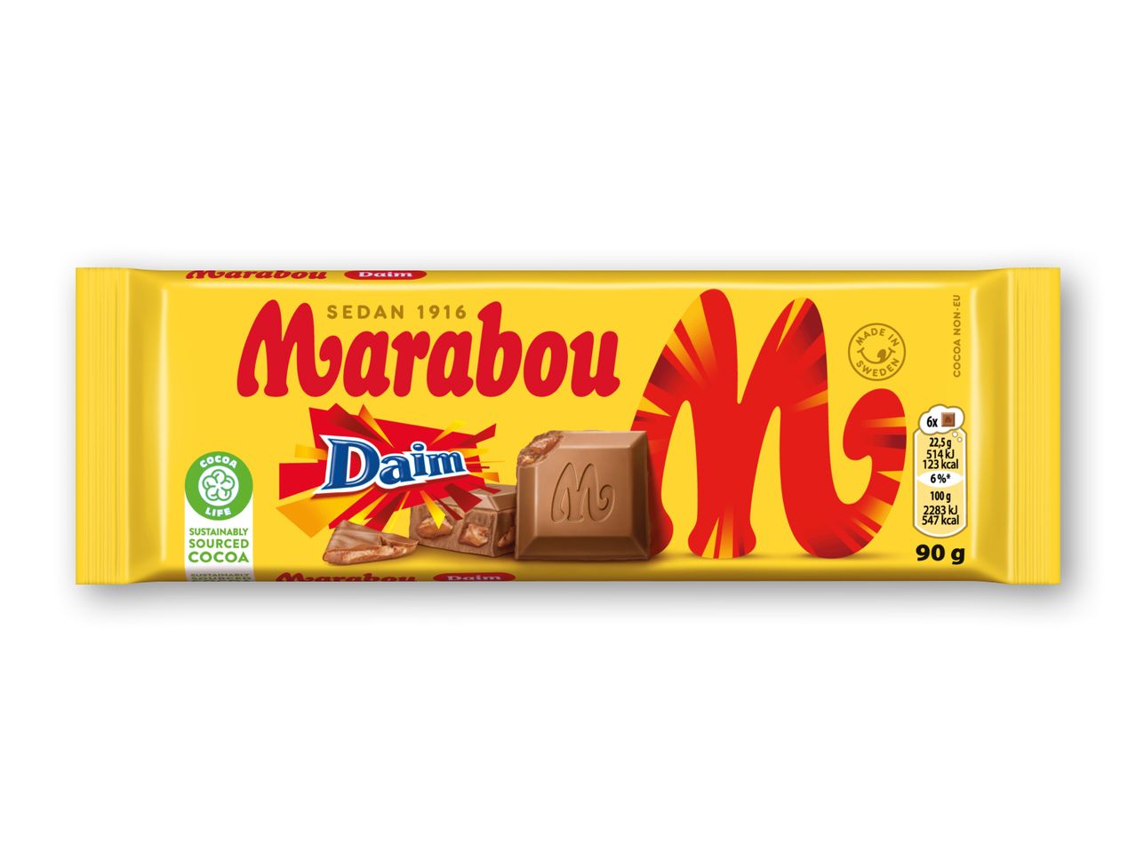 Gul chokoladebar med rød skrift, der viser et stykke chokolade med Daim-stykker og ernæringsoplysninger.