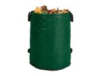 Green garden waste bag filled with colorful autumn leaves