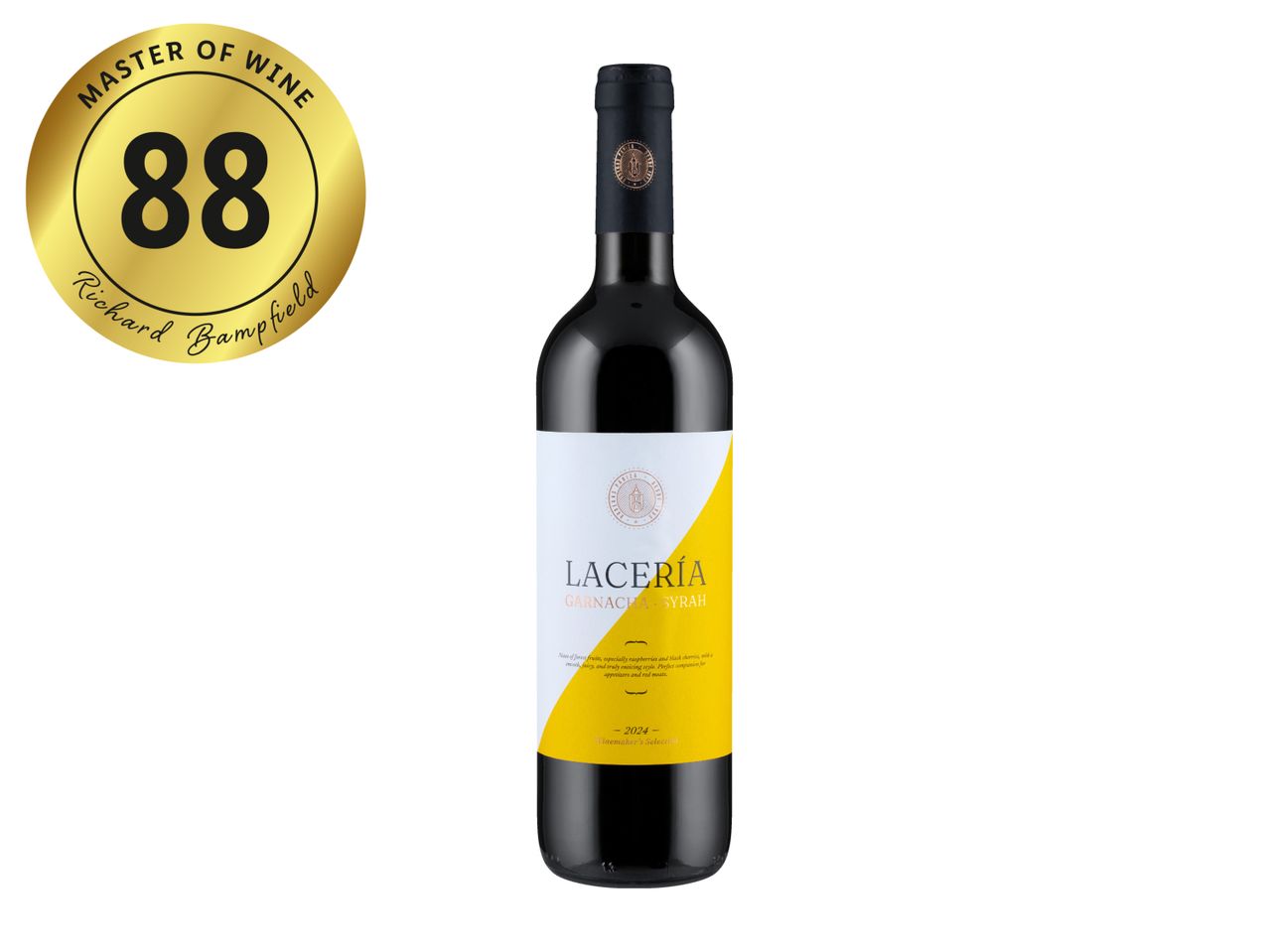 Red wine bottle with a gold Master of Wine 88-point rating by Richard Bampfield.