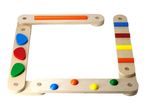 Wooden frame with colorful shapes and bars