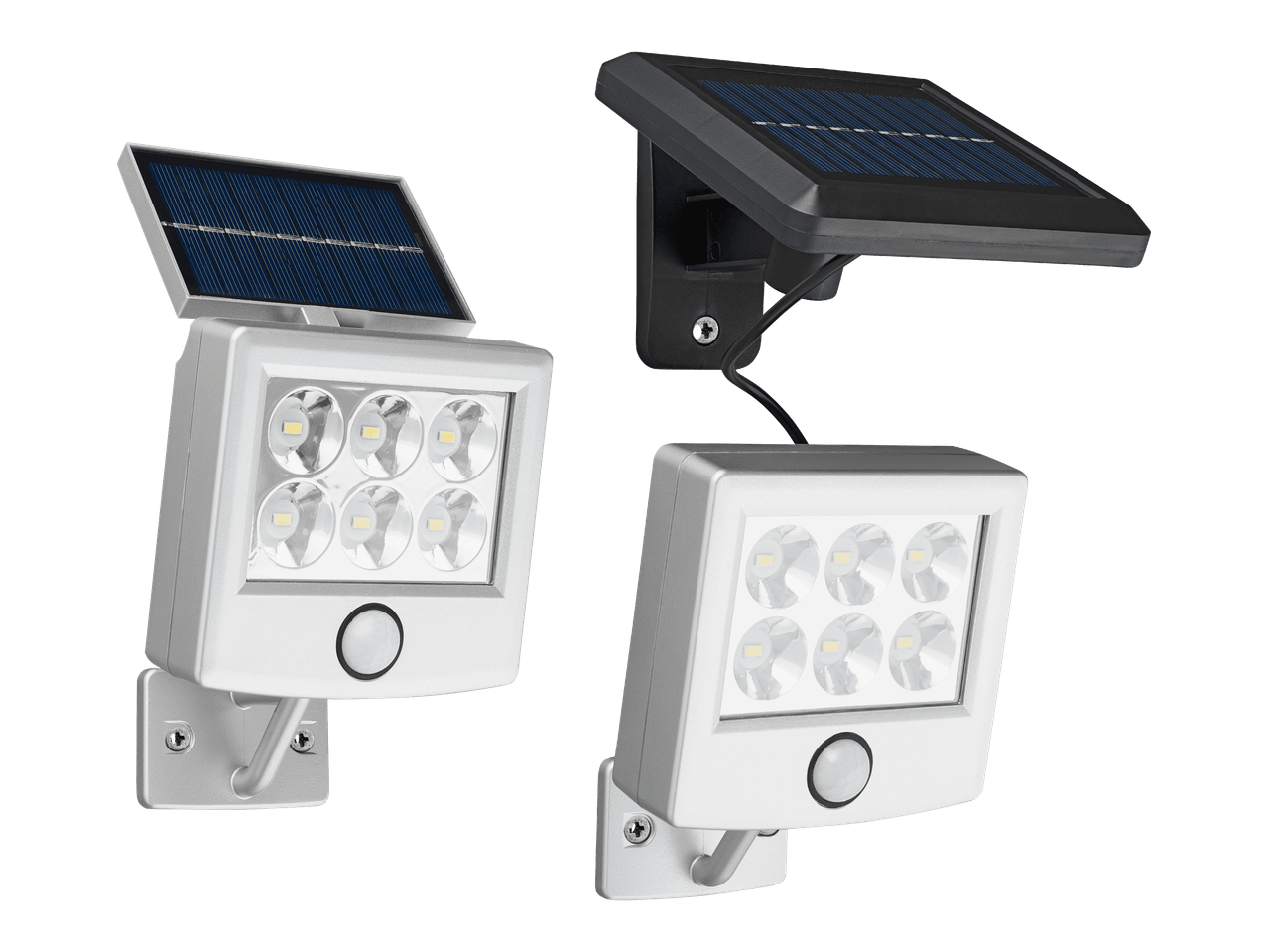 Kaksi aurinkoenergialla toimivaa LED-valaisinta liiketunnistimella, toinen harmaa ja toinen musta.