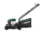 A black and green petrol lawnmower with a grass collection bag.