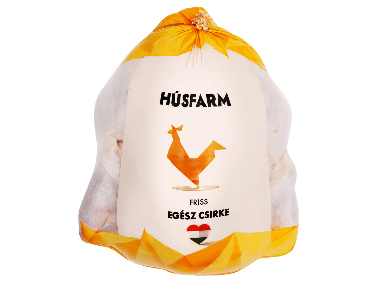Csomagolt friss egész csirke magyar zászlós szívvel a címkén.