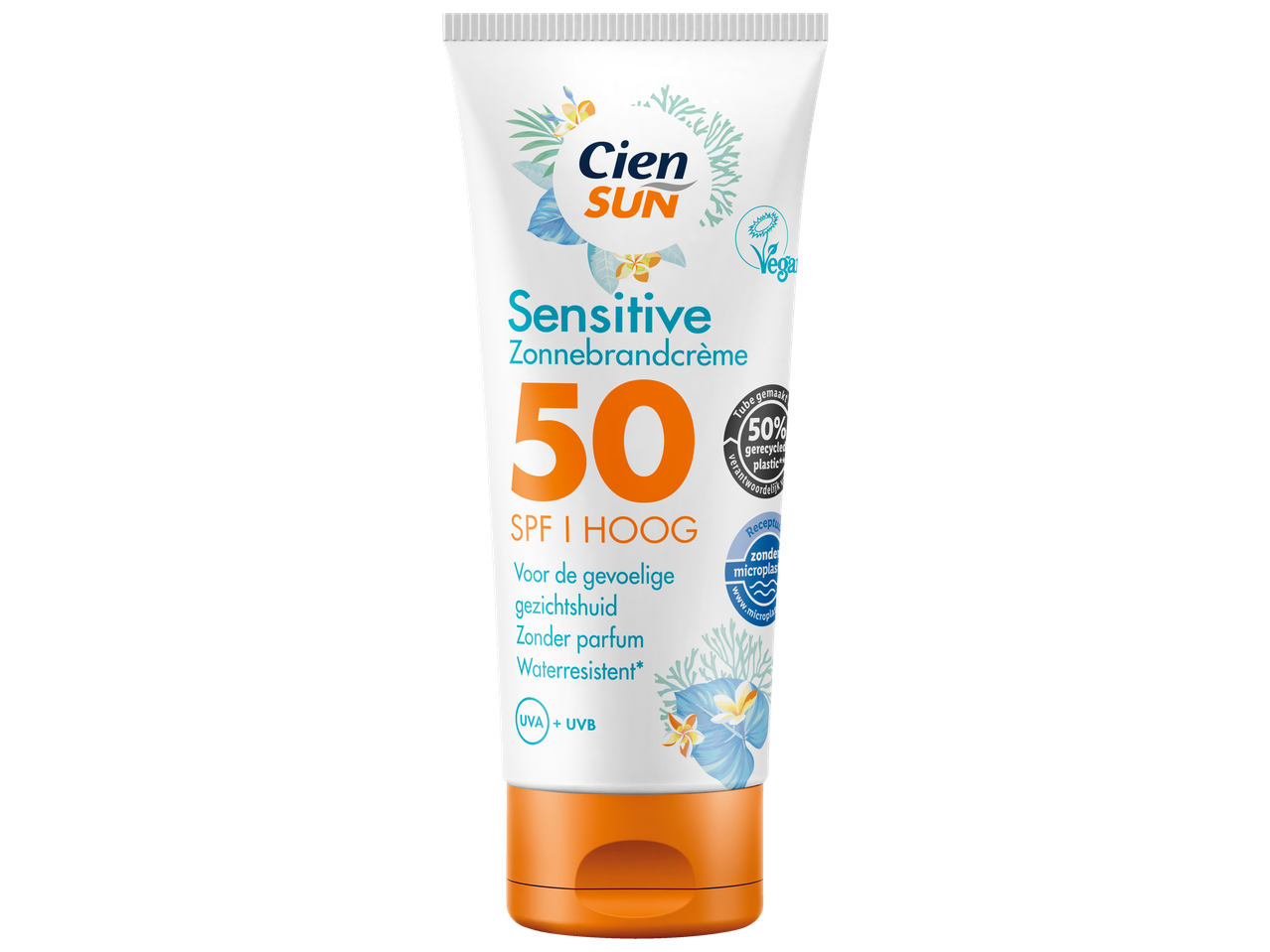 Cien Sun Sensitive SPF 50 zonnebrandcrème, hoge bescherming, vegan.